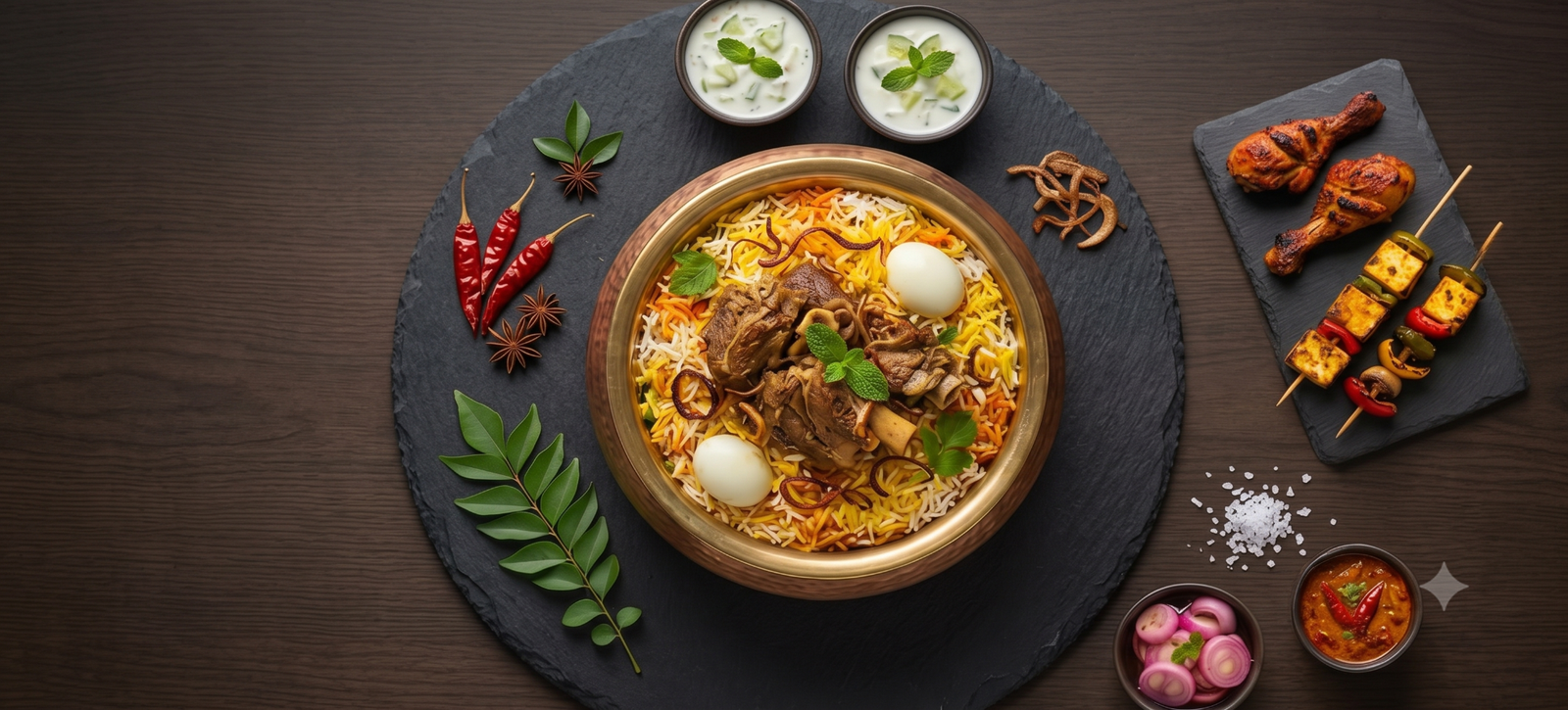 A generous biryani spread with sides